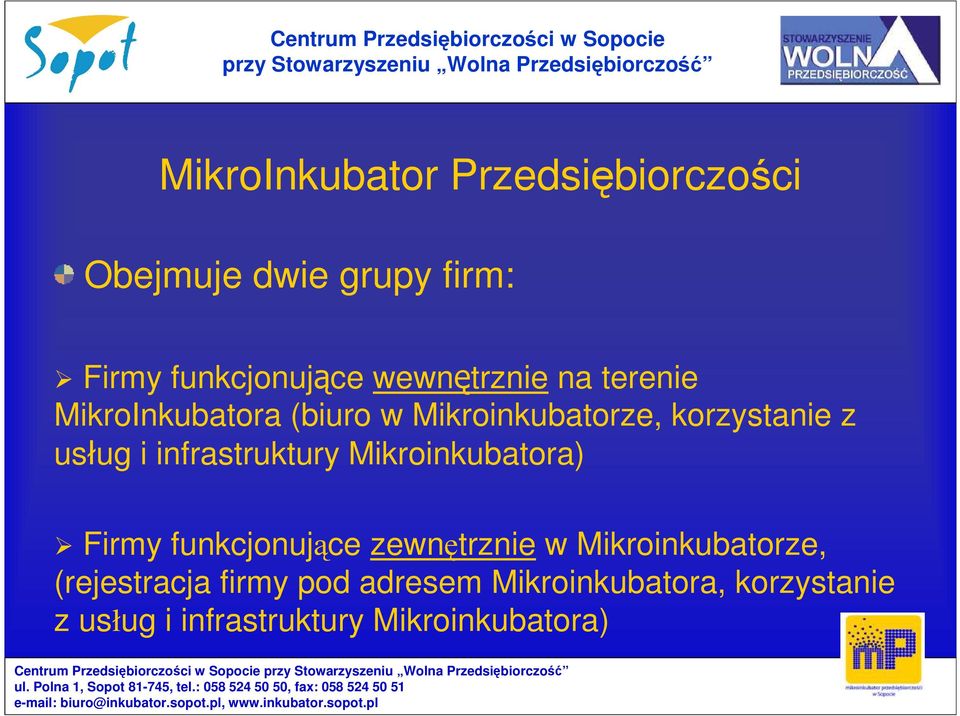 infrastruktury Mikroinkubatora) Firmy funkcjonujące zewnętrznie w Mikroinkubatorze,