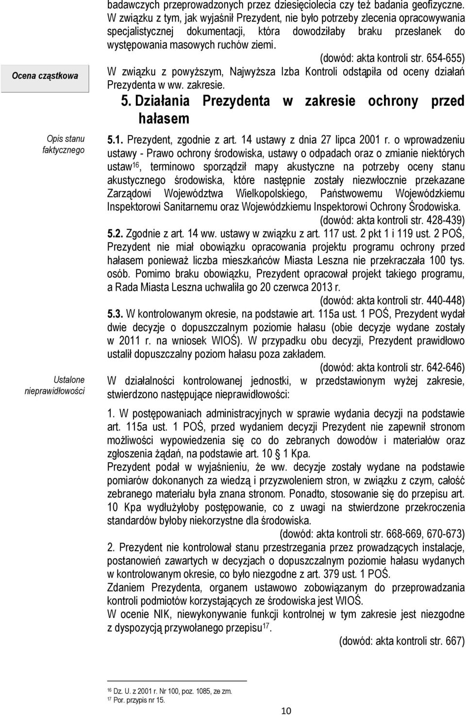 (dowód: akta kontroli str. 654-655) W związku z powyższym, Najwyższa Izba Kontroli odstąpiła od oceny działań Prezydenta w ww. zakresie. 5. Działania Prezydenta w zakresie ochrony przed hałasem 5.1.