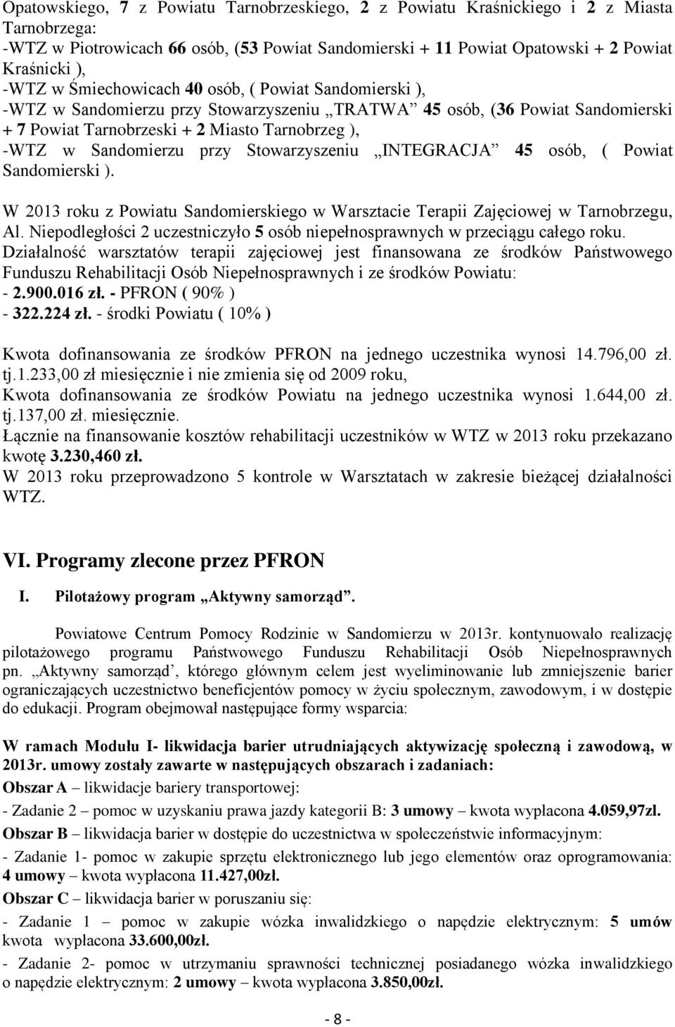 Stowarzyszeniu INTEGRACJA 45 osób, ( Powiat Sandomierski ). W 2013 roku z Powiatu Sandomierskiego w Warsztacie Terapii Zajęciowej w Tarnobrzegu, Al.