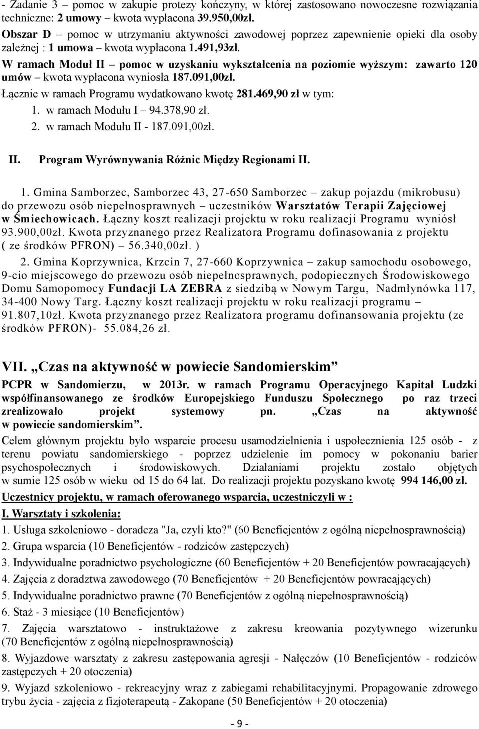 W ramach Moduł II pomoc w uzyskaniu wykształcenia na poziomie wyższym: zawarto 120 umów kwota wypłacona wyniosła 187.091,00zł. Łącznie w ramach Programu wydatkowano kwotę 281.469,90 zł w tym: 1.