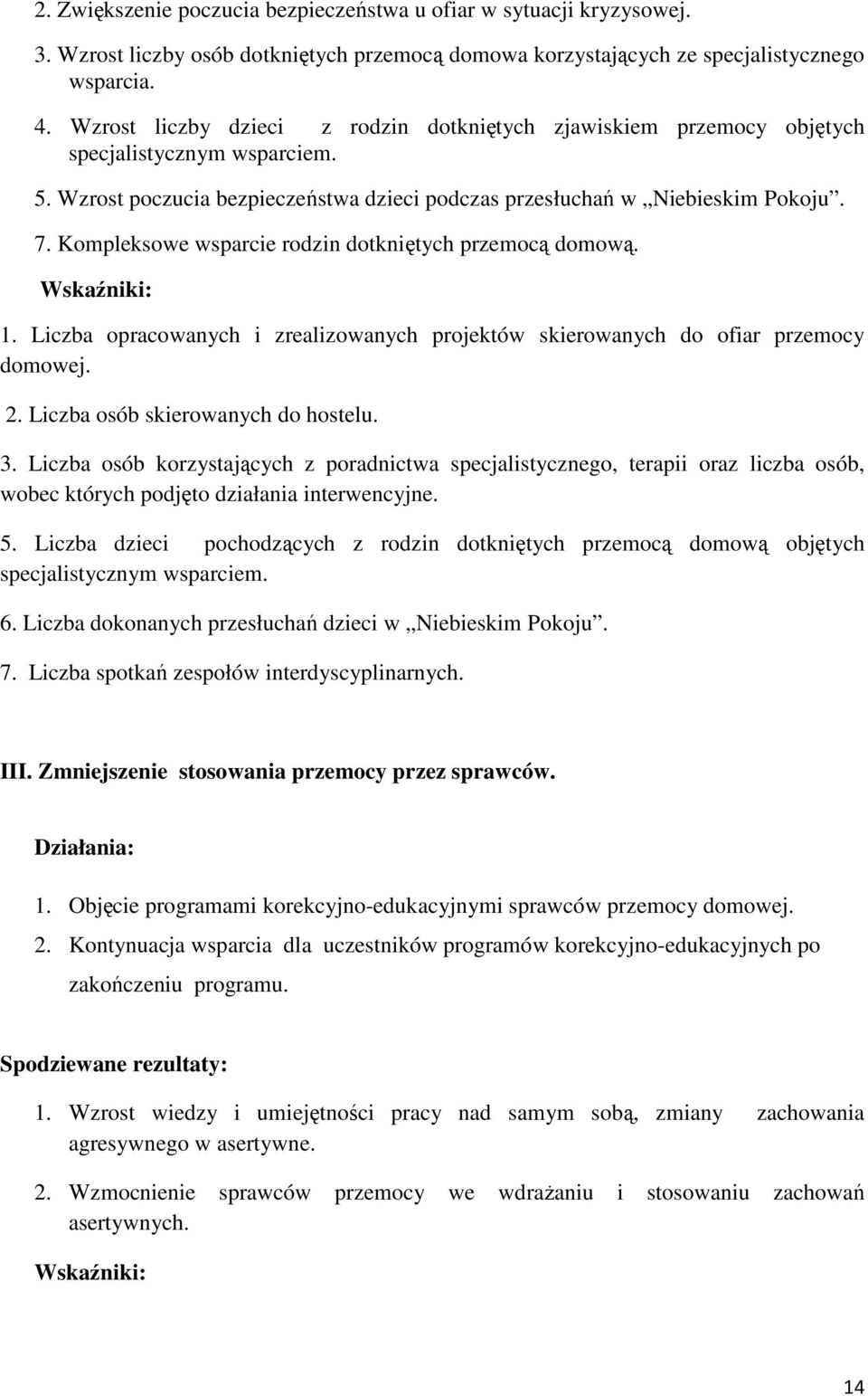Kompleksowe wsparcie rodzin dotkniętych przemocą domową. Wskaźniki: 1. Liczba opracowanych i zrealizowanych projektów skierowanych do ofiar przemocy domowej. 2. Liczba osób skierowanych do hostelu. 3.