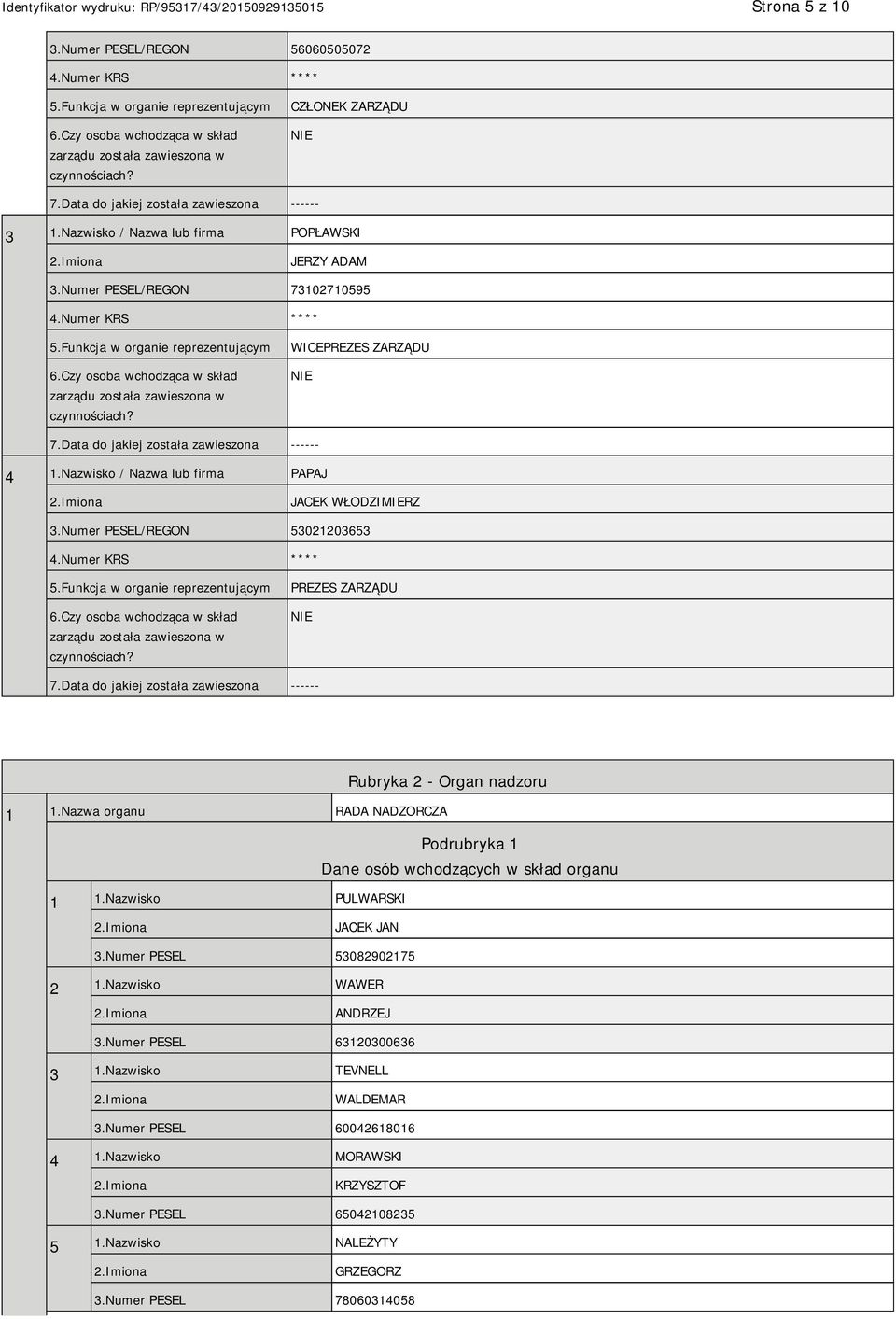 Czy osoba wchodząca w skład zarządu została zawieszona w czynnościach? WICEPREZES ZARZĄDU 7.Data do jakiej została zawieszona ------ 4 1.Nazwisko / Nazwa lub firma PAPAJ JACEK WŁODZIMIERZ 3.