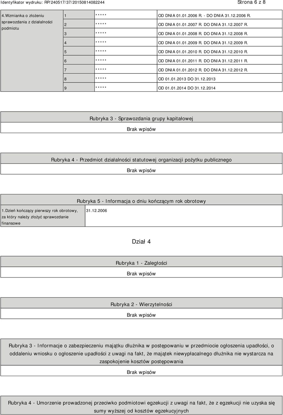 DO DNIA 31.12.2012 R. 8 ***** OD 01.01.2013 DO 31.12.2013 9 ***** OD 01.01.2014 DO 31.12.2014 Rubryka 3 - Sprawozdania grupy kapitałowej Rubryka 4 - Przedmiot działalności statutowej organizacji pożytku publicznego Rubryka 5 - Informacja o dniu kończącym rok obrotowy 1.
