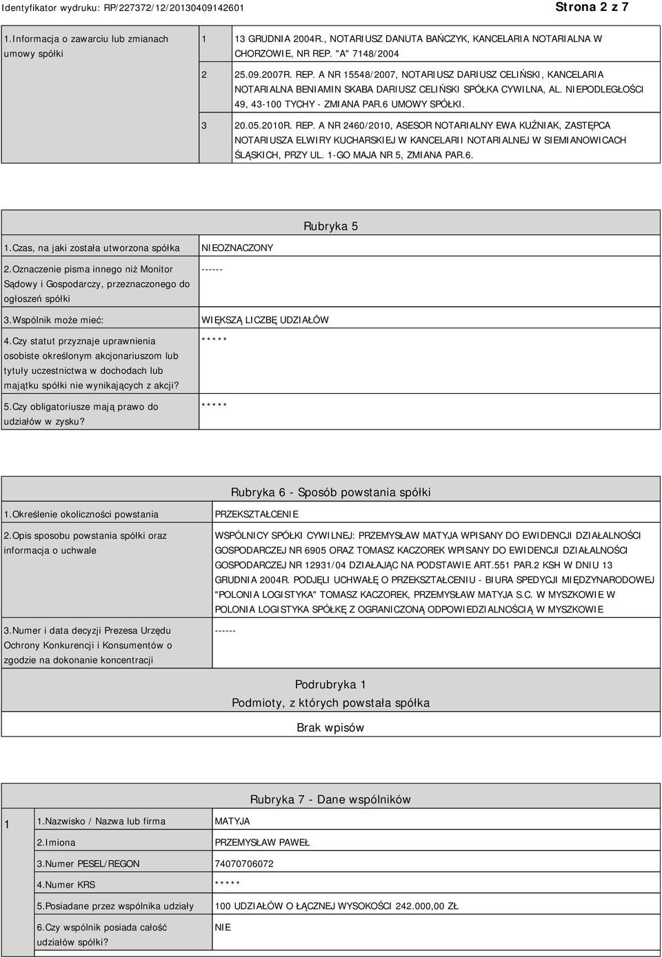 6 UMOWY SPÓŁKI. 3 20.05.2010R. REP. A NR 2460/2010, ASESOR NOTARIALNY EWA KUŹNIAK, ZASTĘPCA NOTARIUSZA ELWIRY KUCHARSKIEJ W KANCELARII NOTARIALNEJ W SIEMIANOWICACH ŚLĄSKICH, PRZY UL.