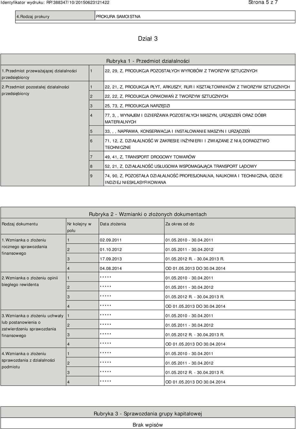 22, Z, PRODUKCJA OPAKOWAŃ Z TWORZYW SZTUCZNYCH 3 25, 73, Z, PRODUKCJA NARZĘDZI 4 77, 3,, WYNAJEM I DZIERŻAWA POZOSTAŁYCH MASZYN, URZĄDZEŃ ORAZ DÓBR MATERIALNYCH 5 33,,, NAPRAWA, KONSERWACJA I