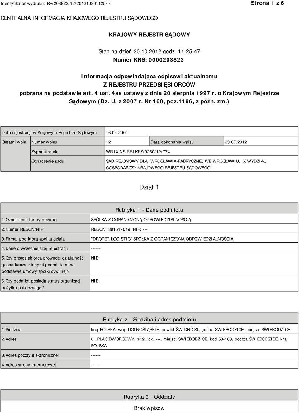 o Krajowym Rejestrze Sądowym (Dz. U. z 2007 r. Nr 168, poz.1186, z późn. zm.) Data rejestracji w Krajowym Rejestrze Sądowym 16.04.2004 Ostatni wpis Numer wpisu 12 Data dokonania wpisu 23.07.2012 Sygnatura akt Oznaczenie sądu WR.