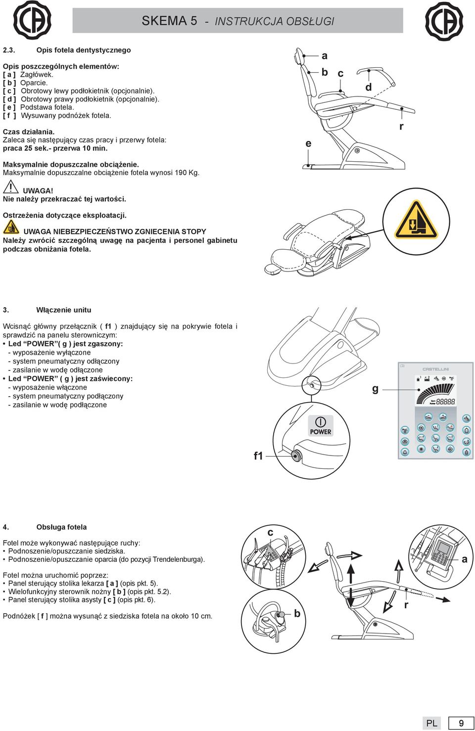 e a b c d r Maksymalnie dopuszczalne obciążenie. Maksymalnie dopuszczalne obciążenie fotela wynosi 190 Kg. Nie należy przekraczać tej wartości. Ostrzeżenia dotyczące eksploatacji.
