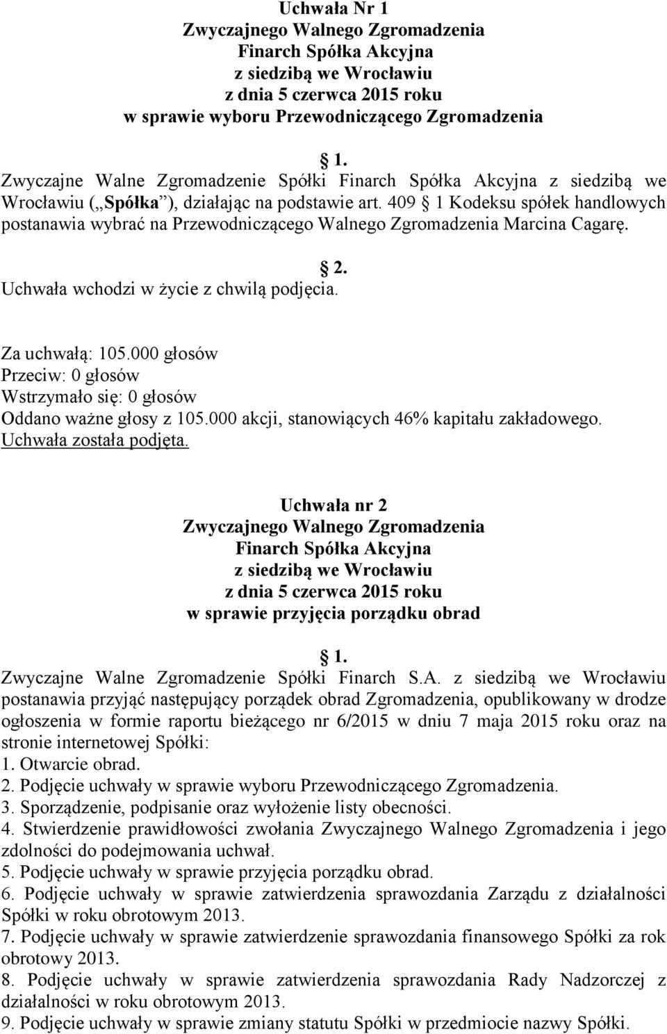 Uchwała nr 2 w sprawie przyjęcia porządku obrad Zwyczajne Walne Zgromadzenie Spółki Finarch S.A.