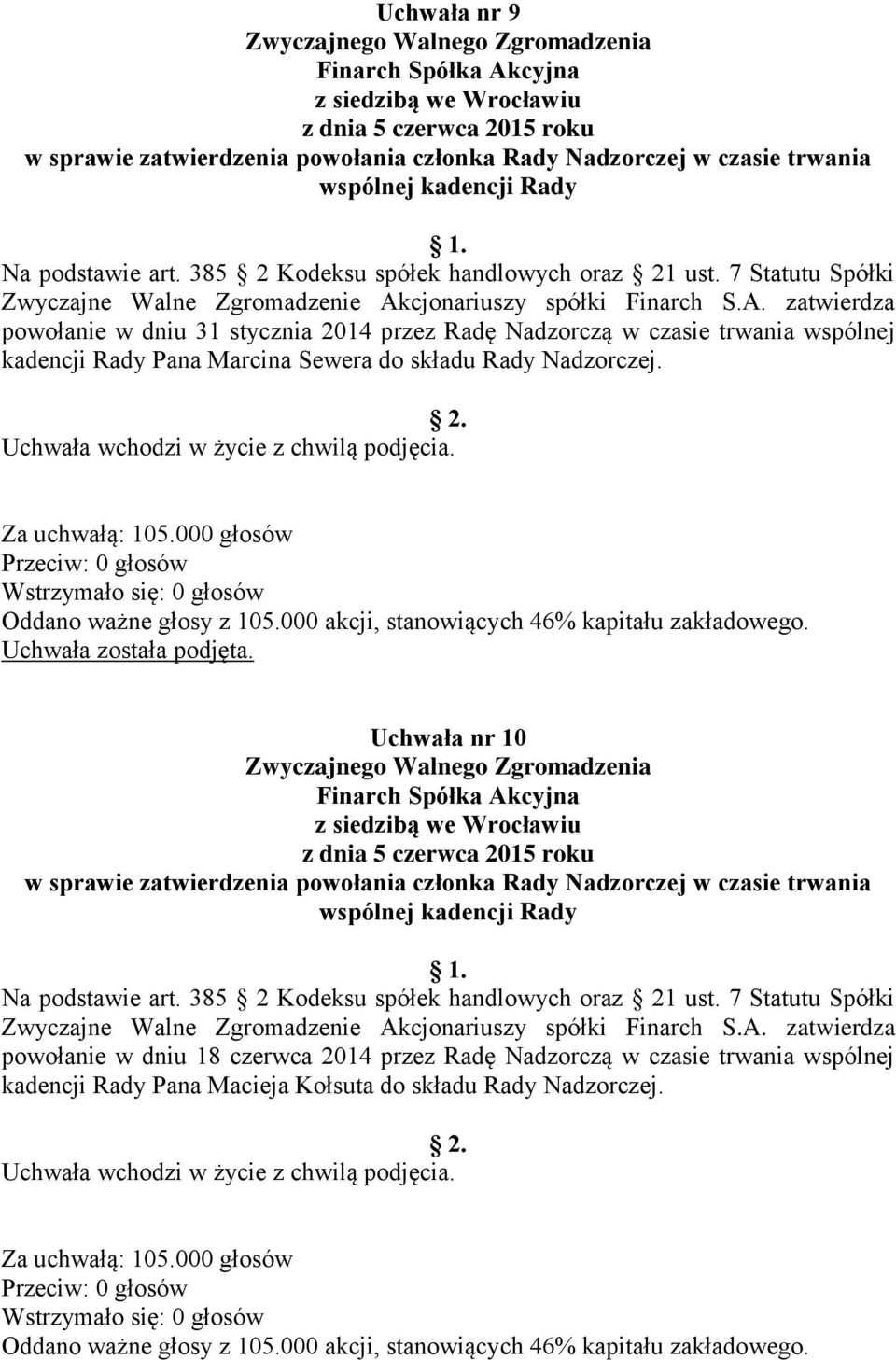 cjonariuszy spółki Finarch S.A. zatwierdza powołanie w dniu 31 stycznia 2014 przez Radę Nadzorczą w czasie trwania wspólnej kadencji Rady Pana Marcina Sewera do składu Rady Nadzorczej.