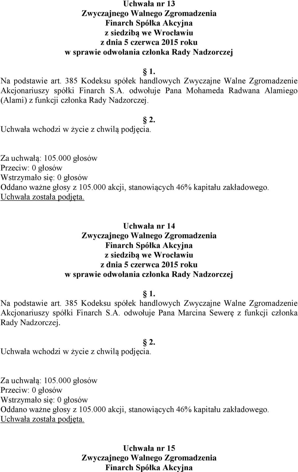 cjonariuszy spółki Finarch S.A. odwołuje Pana Mohameda Radwana Alamiego (Alami) z funkcji członka Rady Nadzorczej.