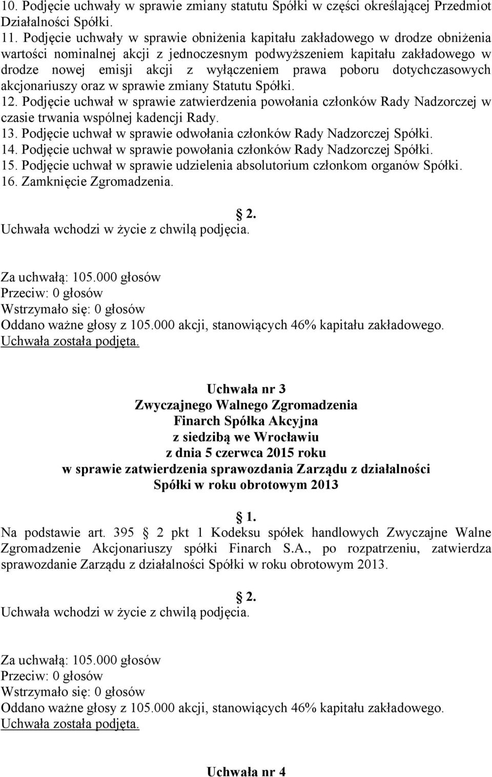 prawa poboru dotychczasowych akcjonariuszy oraz w sprawie zmiany Statutu Spółki. 12. Podjęcie uchwał w sprawie zatwierdzenia powołania członków Rady Nadzorczej w czasie trwania wspólnej kadencji Rady.