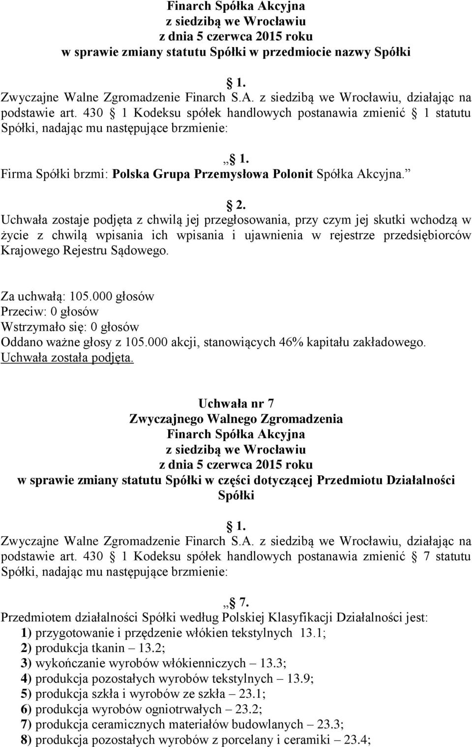 Uchwała zostaje podjęta z chwilą jej przegłosowania, przy czym jej skutki wchodzą w życie z chwilą wpisania ich wpisania i ujawnienia w rejestrze przedsiębiorców Krajowego Rejestru Sądowego.