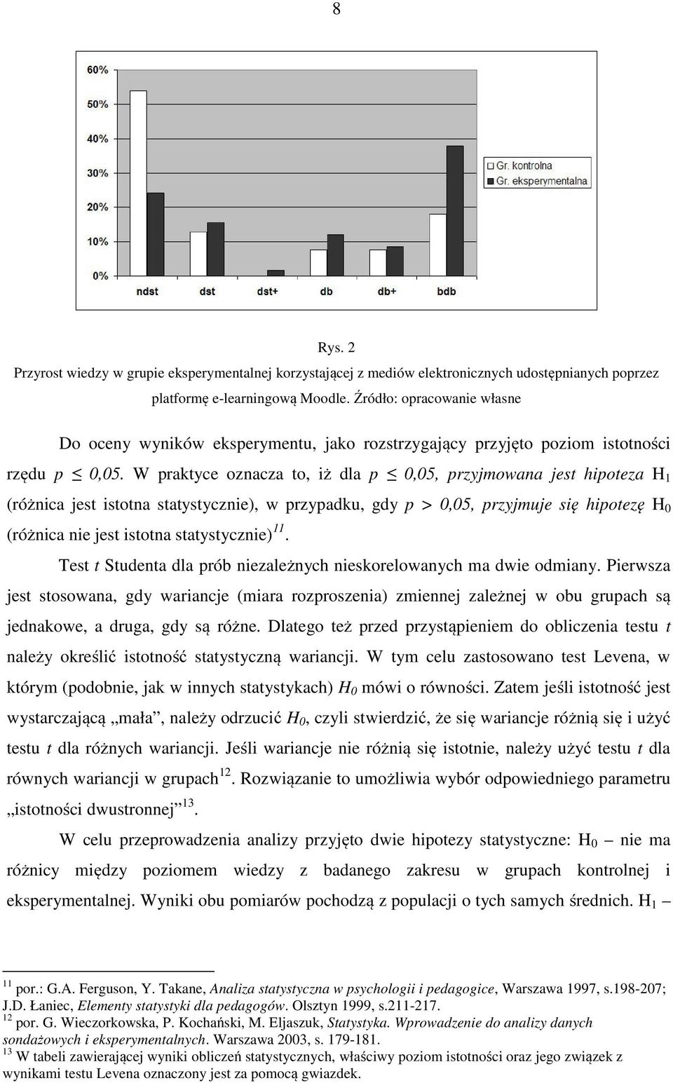 W praktyce oznacza to, iż dla p 0,05, przyjmowana jest hipoteza H 1 (różnica jest istotna statystycznie), w przypadku, gdy p > 0,05, przyjmuje się hipotezę H 0 (różnica nie jest istotna