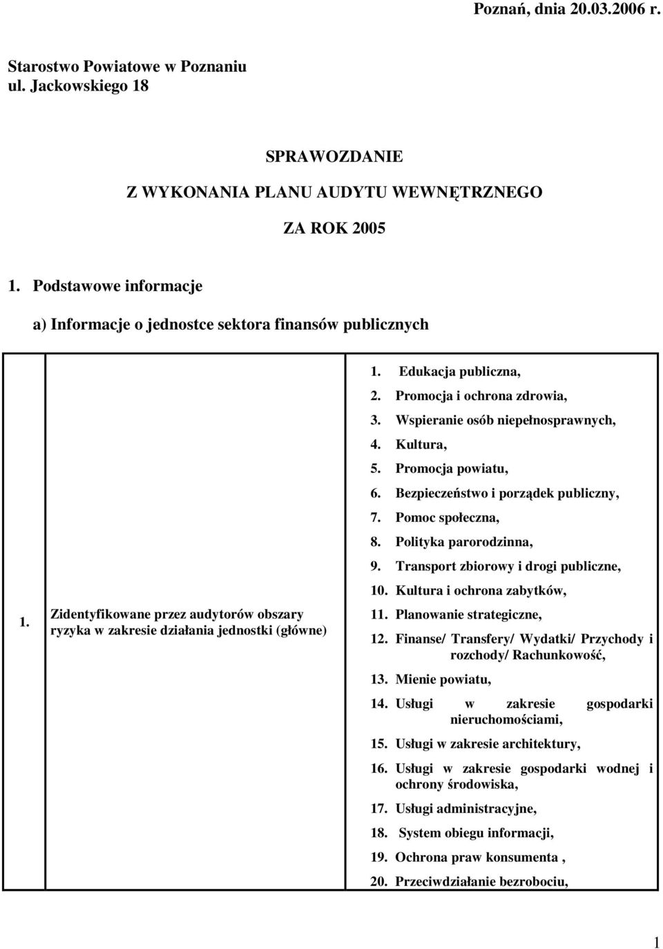 Promocja i ochrona zdrowia, 3. Wspieranie osób niepełnosprawnych, 4. Kultura, 5. Promocja powiatu, 6. Bezpieczeństwo i porządek publiczny, 7. Pomoc społeczna, 8. Polityka parorodzinna, 9.