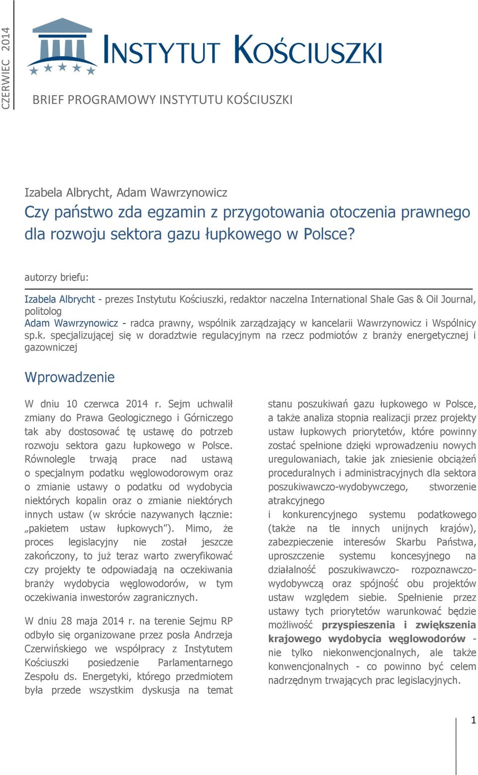 autorzy briefu: Izabela Albrycht - prezes Instytutu Kościuszki, redaktor naczelna International Shale Gas & Oil Journal, politolog Adam Wawrzynowicz - radca prawny, wspólnik zarządzający w kancelarii