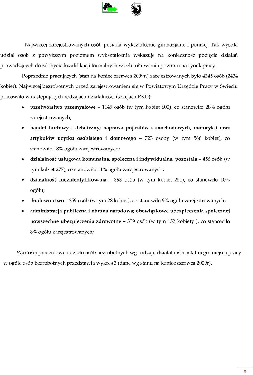 Poprzednio pracujcych (stan na koniec czerwca 2009r.) zarejestrowanych byo 4345 osób (2434 kobiet).