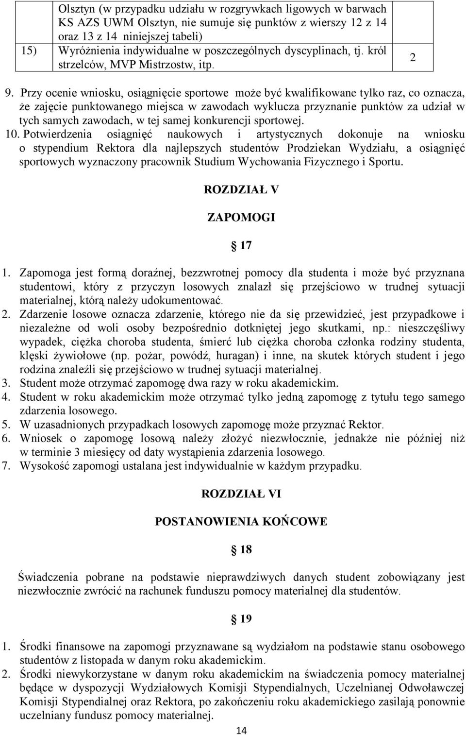 Przy ocenie wniosku, osiągnięcie sportowe może być kwalifikowane tylko raz, co oznacza, że zajęcie punktowanego miejsca w zawodach wyklucza przyznanie punktów za udział w tych samych zawodach, w tej