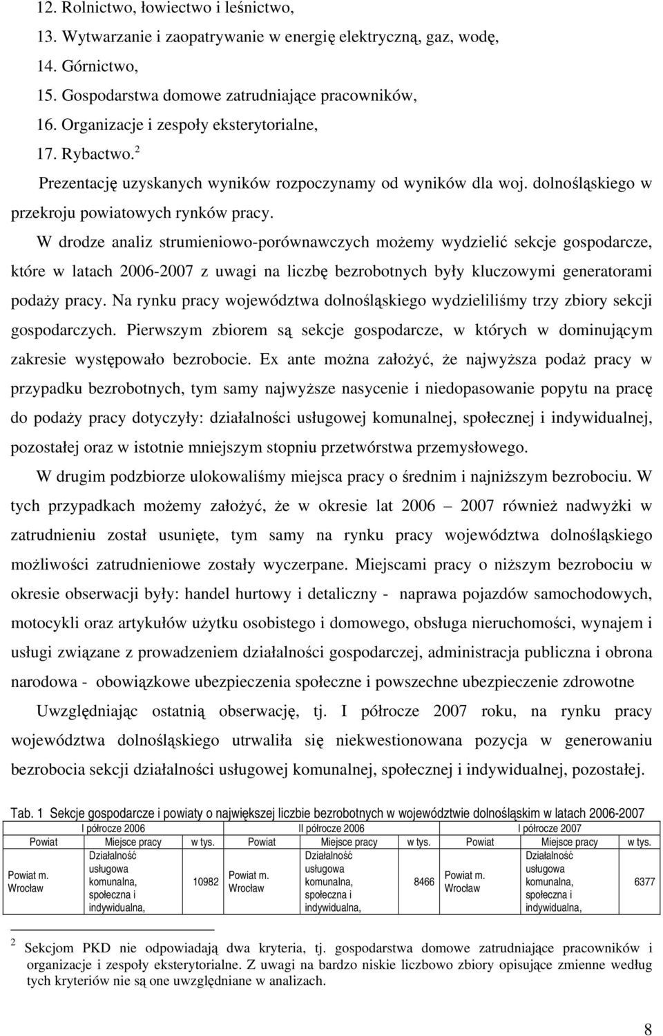 W drodze analiz strumieniowo-porównawczych możemy wydzielić sekcje gospodarcze, które w latach 2006-2007 z uwagi na liczbę bezrobotnych były kluczowymi generatorami podaży pracy.