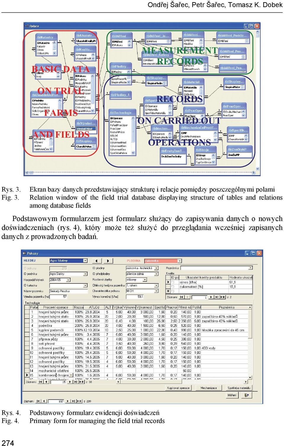 Ekran bazy danych przedstawiający strukturę i relacje pomiędzy poszczególnymi polami Relation window of the field trial database displaying structure of tables