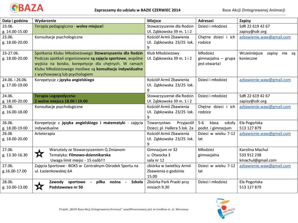 W ramach Klubu owego możliwe są konsultacje indywidualne z wychowawcą lub psychologiem Terapia Logopedyczna: 2 wolne miejsca 18.00 i 1.