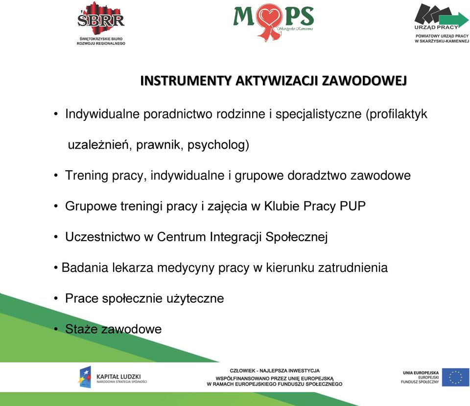 zawodowe Grupowe treningi pracy i zajęcia w Klubie Pracy PUP Uczestnictwo w Centrum Integracji