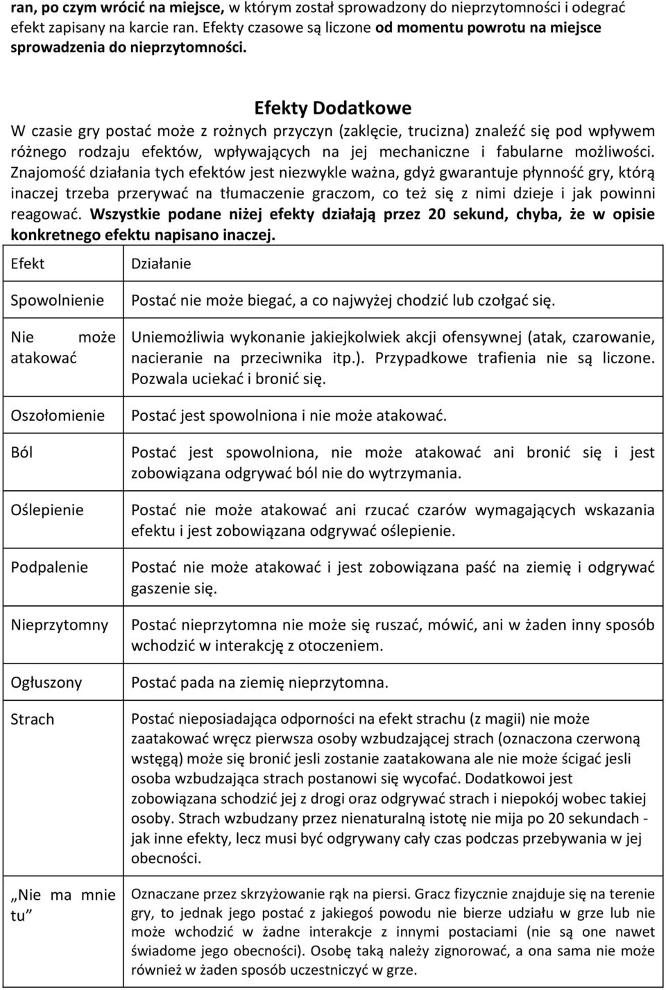 Efekty Dodatkowe W czasie gry postać może z rożnych przyczyn (zaklęcie, trucizna) znaleźć się pod wpływem różnego rodzaju efektów, wpływających na jej mechaniczne i fabularne możliwości.