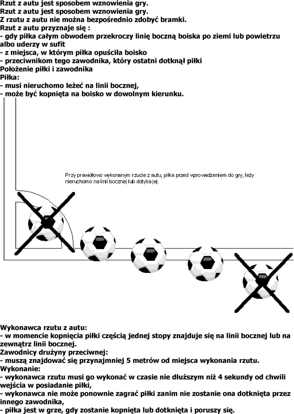 zawodnika, który ostatni dotknął piłki Położenie piłki i zawodnika Piłka: - musi nieruchomo leżeć na linii bocznej, - może być kopnięta na boisko w dowolnym kierunku.