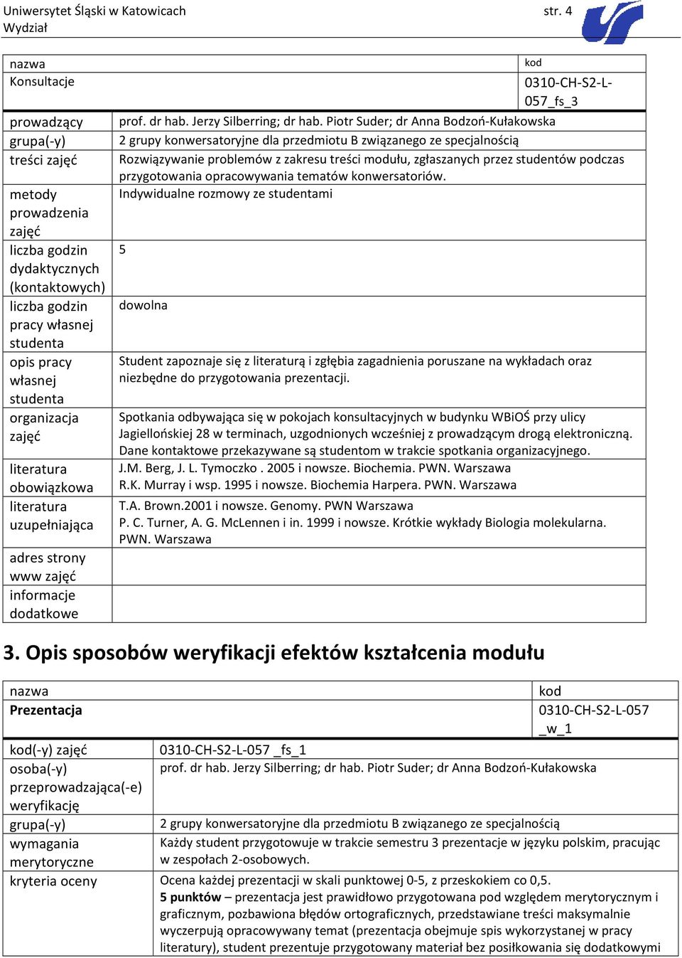 Rozwiązywanie problemów z zakresu treści modułu, zgłaszanych przez studentów podczas przygotowania opracowywania tematów konwersatoriów.