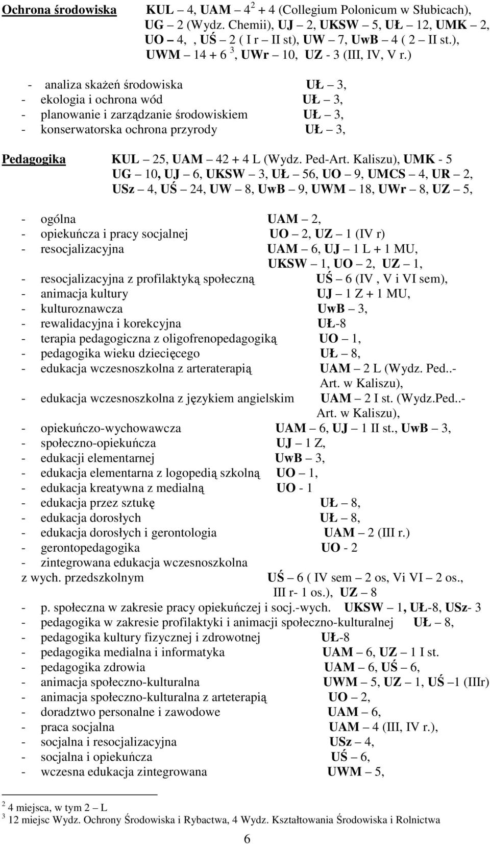 ) - analiza skaŝeń środowiska UŁ 3, - ekologia i ochrona wód UŁ 3, - planowanie i zarządzanie środowiskiem UŁ 3, - konserwatorska ochrona przyrody UŁ 3, Pedagogika KUL 25, UAM 42 + 4 L (Wydz. Ped-Art.