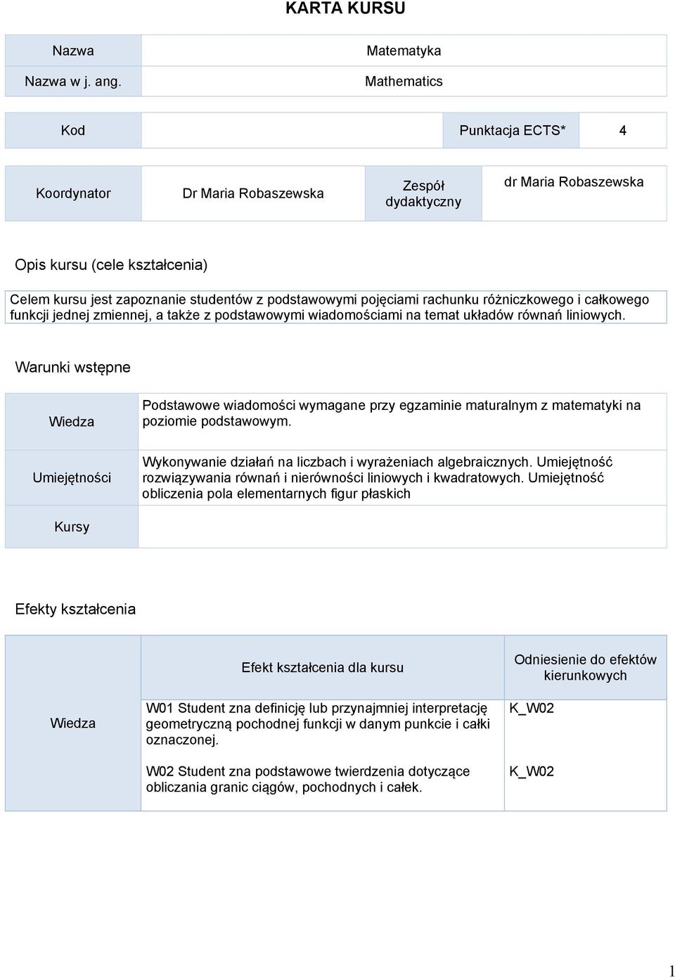 podstawowymi pojęciami rachunku różniczkowego i całkowego funkcji jednej zmiennej, a także z podstawowymi wiadomościami na temat układów równań liniowych.