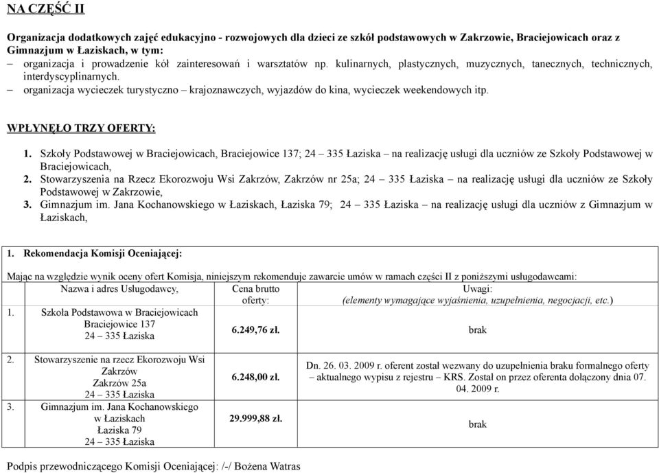 organizacja wycieczek turystyczno krajoznawczych, wyjazdów do kina, wycieczek weekendowych itp. WPŁYNĘŁO TRZY OFERTY: 1.