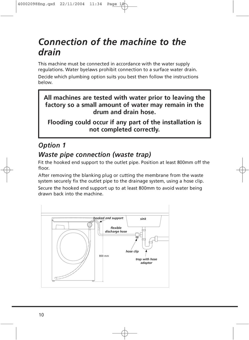 All machines are tested with water prior to leaving the factory so a small amount of water may remain in the drum and drain hose.