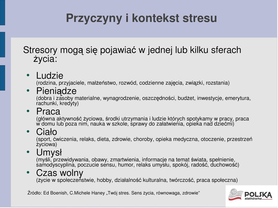 lub poza nim, nauka w szkole, sprawy do załatwienia, opieka nad dziećmi) Ciało (sport, ćwiczenia, relaks, dieta, zdrowie, choroby, opieka medyczna, otoczenie, przestrzeń życiowa) Umysł (myśli,