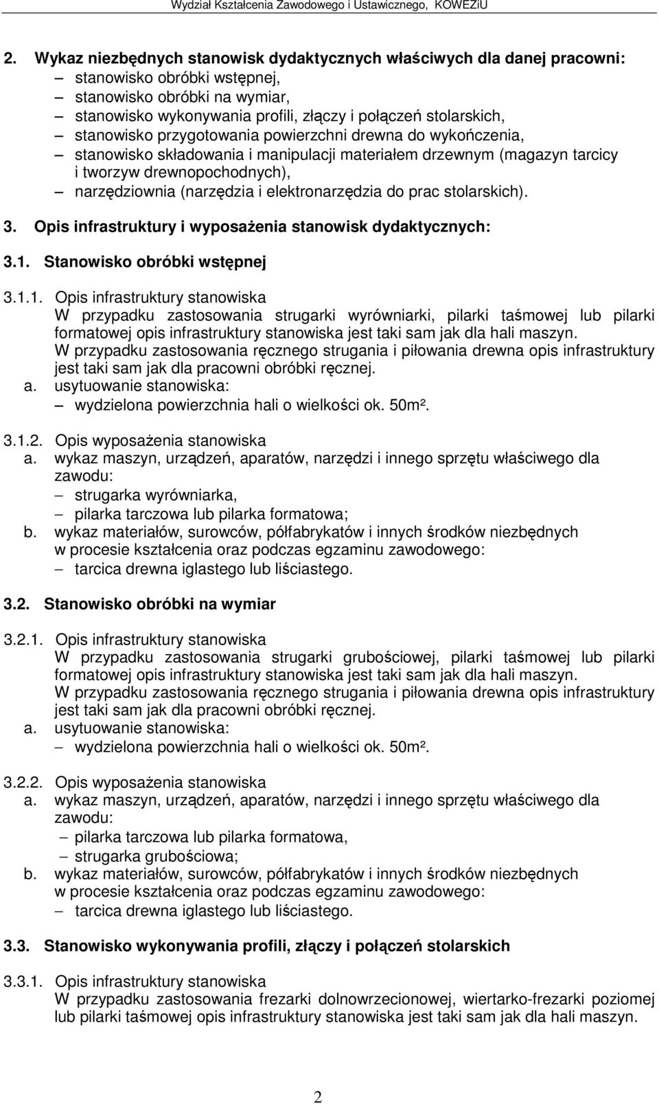 elektronarzdzia do prac stolarskich). 3. Opis infrastruktury i wyposaenia stanowisk dydaktycznych: 3.1.