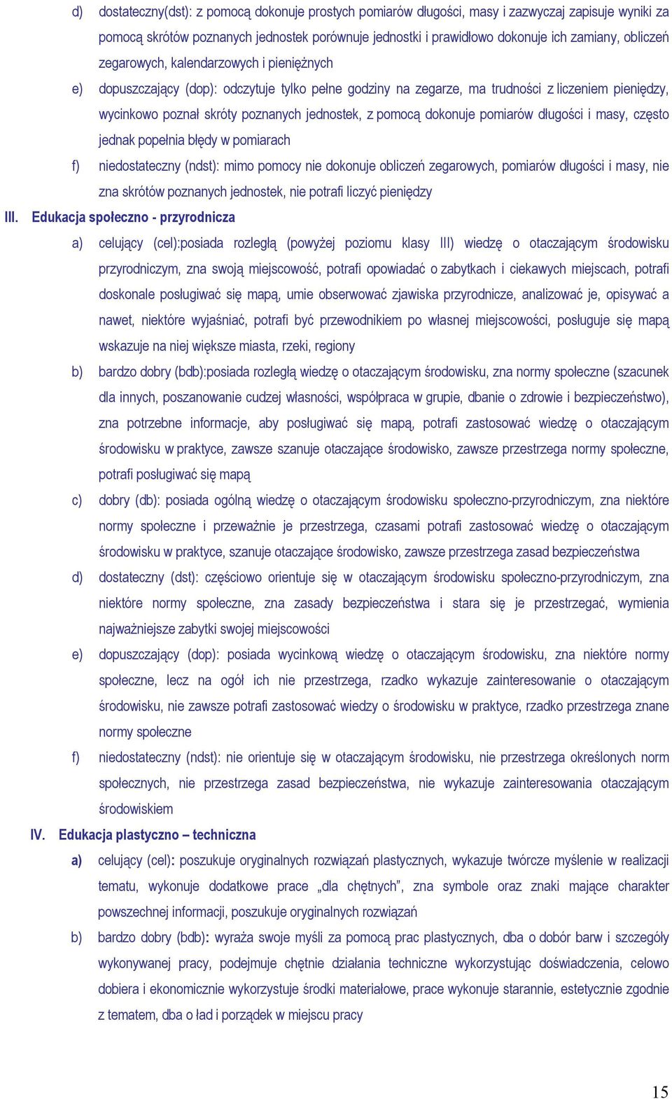 pomocą dokonuje pomiarów długości i masy, często jednak popełnia błędy w pomiarach f) niedostateczny (ndst): mimo pomocy nie dokonuje obliczeń zegarowych, pomiarów długości i masy, nie zna skrótów