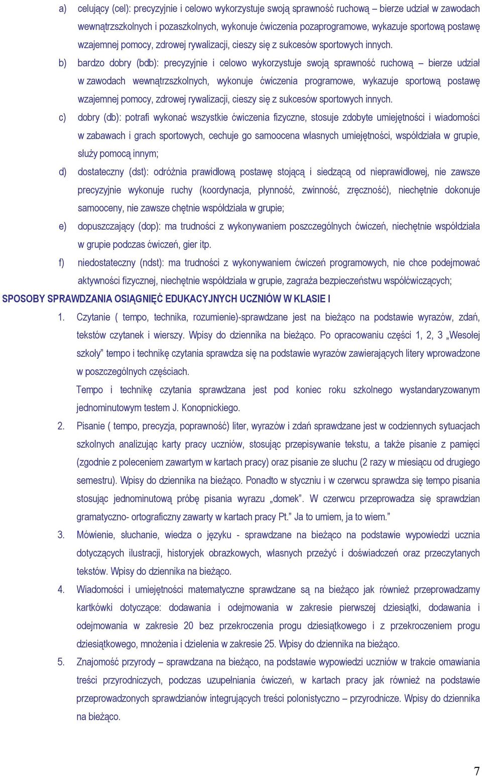 b) bardzo dobry (bdb): precyzyjnie i celowo wykorzystuje swoją sprawność ruchową bierze udział w zawodach wewnątrzszkolnych, wykonuje ćwiczenia programowe, wykazuje sportową postawę  c) dobry (db):