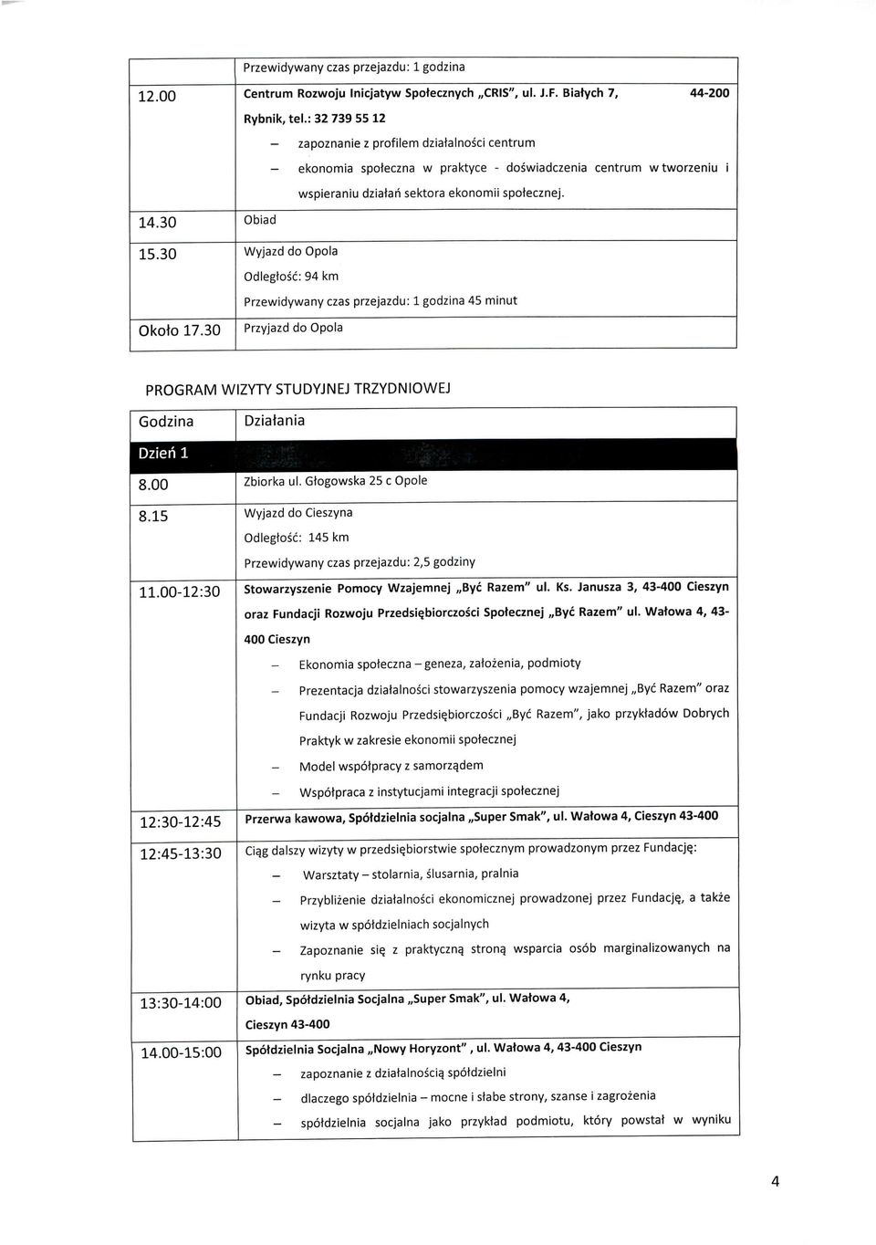 Wyjazd do Opola Odlegtosc: 94 km Przewidywany czas przejazdu: 1godzina 45 minut Przyjazd do Opola PROGRAM WIZYTY STUDYJNEJ TRZYDNIOWEJ Godzina Dziatania Dzieri 1 8.00 8.15 11.00-12:30 Zbiorka ul.