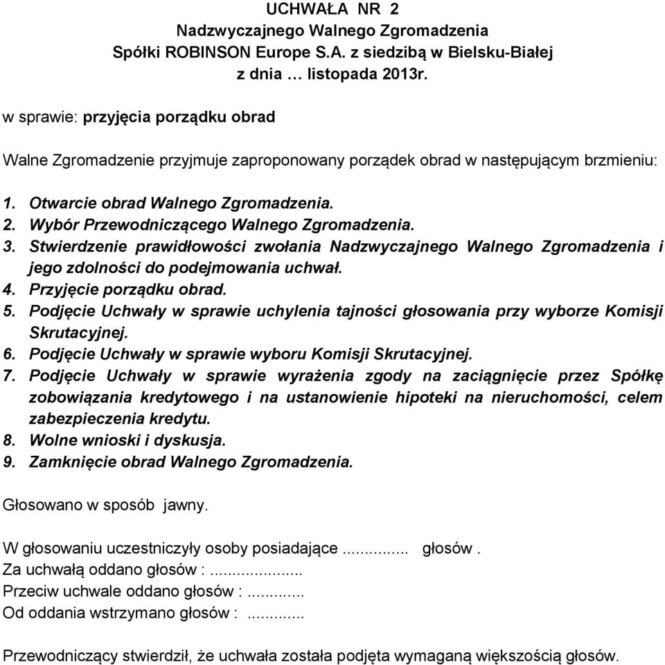 Podjęcie Uchwały w sprawie uchylenia tajności głosowania przy wyborze Komisji Skrutacyjnej. 6. Podjęcie Uchwały w sprawie wyboru Komisji Skrutacyjnej. 7.