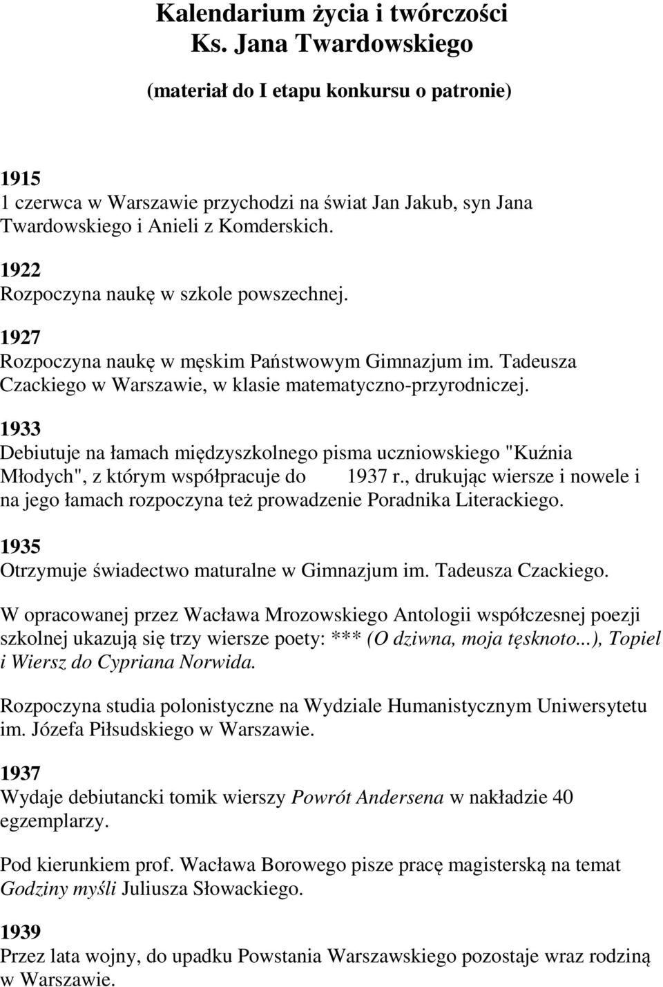 1933 Debiutuje na łamach międzyszkolnego pisma uczniowskiego "Kuźnia Młodych", z którym współpracuje do 1937 r.