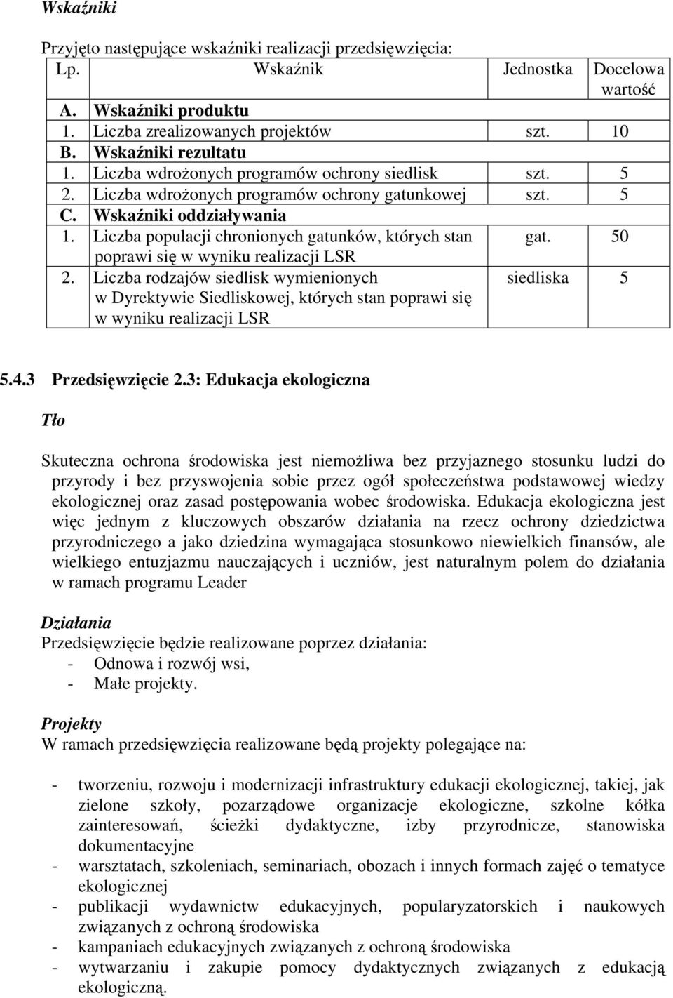 50 poprawi się w wyniku realizacji LSR 2. Liczba rodzajów siedlisk wymienionych w Dyrektywie Siedliskowej, których stan poprawi się w wyniku realizacji LSR siedliska 5 5.4.3 Przedsięwzięcie 2.