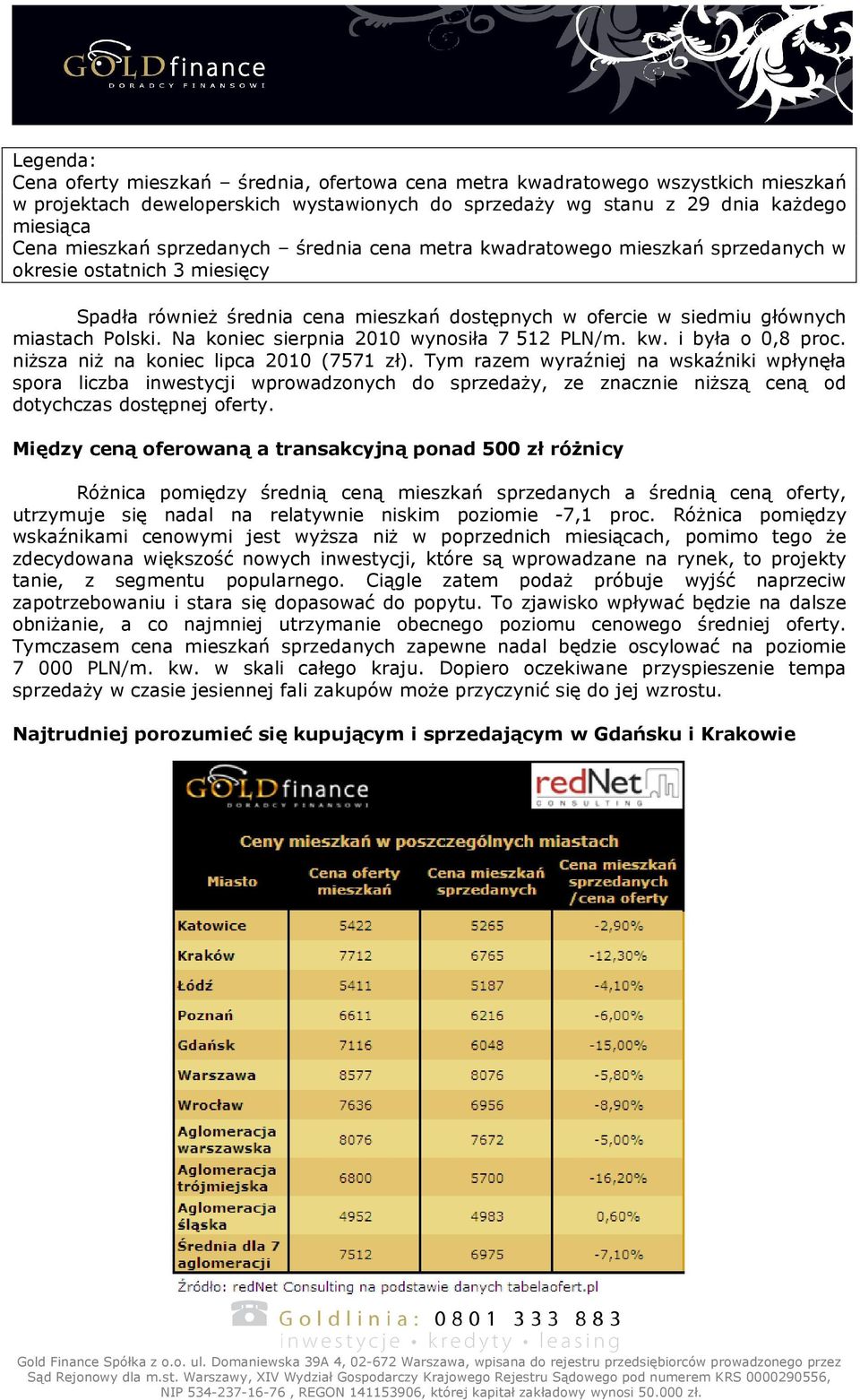 Na koniec sierpnia 2010 wynosiła 7 512 PLN/m. kw. i była o 0,8 proc. niŝsza niŝ na koniec lipca 2010 (7571 zł).