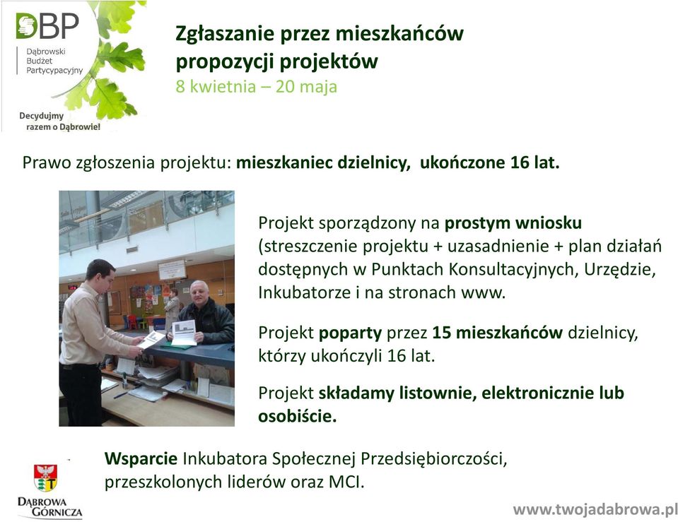 Projekt sporządzony na prostym wniosku (streszczenie projektu + uzasadnienie + plan działań dostępnych w Punktach Konsultacyjnych,