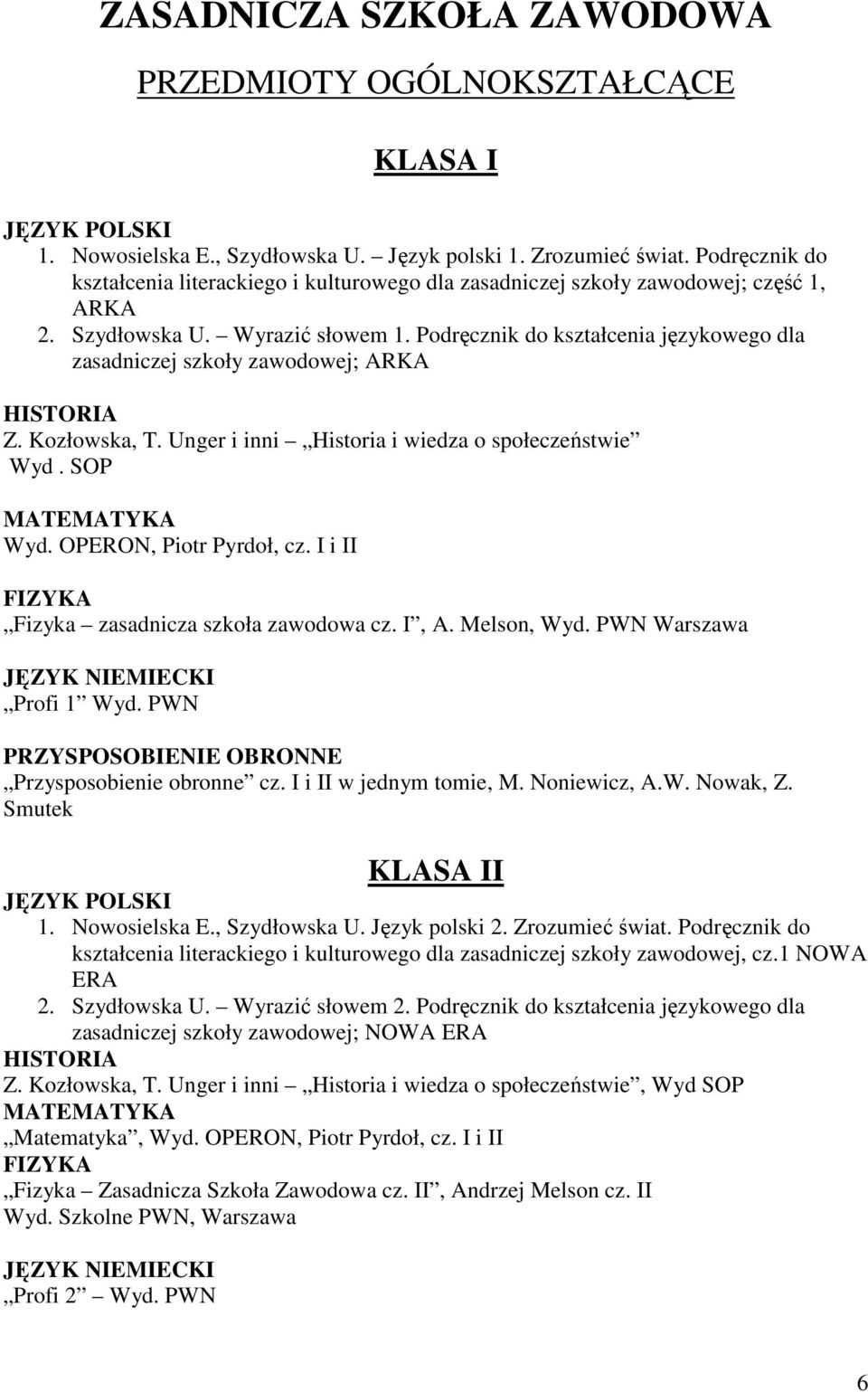 Podręcznik do kształcenia językowego dla zasadniczej szkoły zawodowej; ARKA HISTORIA Z. Kozłowska, T. Unger i inni Historia i wiedza o społeczeństwie Wyd. SOP MATEMATYKA Wyd. OPERON, Piotr Pyrdoł, cz.