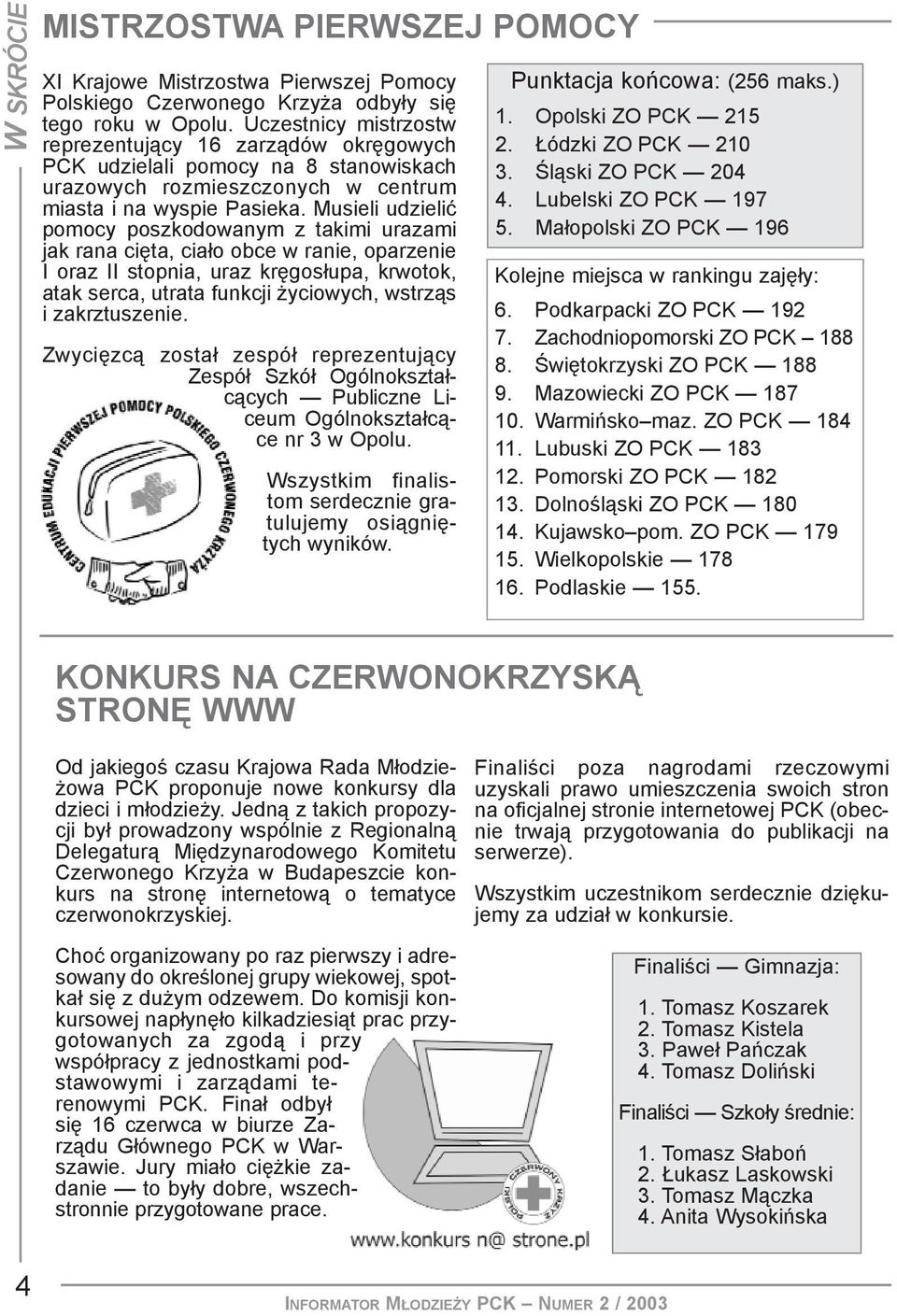 Musieli udzieliæ pomocy poszkodowanym z takimi urazami jak rana ciêta, cia³o obce w ranie, oparzenie I oraz II stopnia, uraz krêgos³upa, krwotok, atak serca, utrata funkcji yciowych, wstrz¹s i