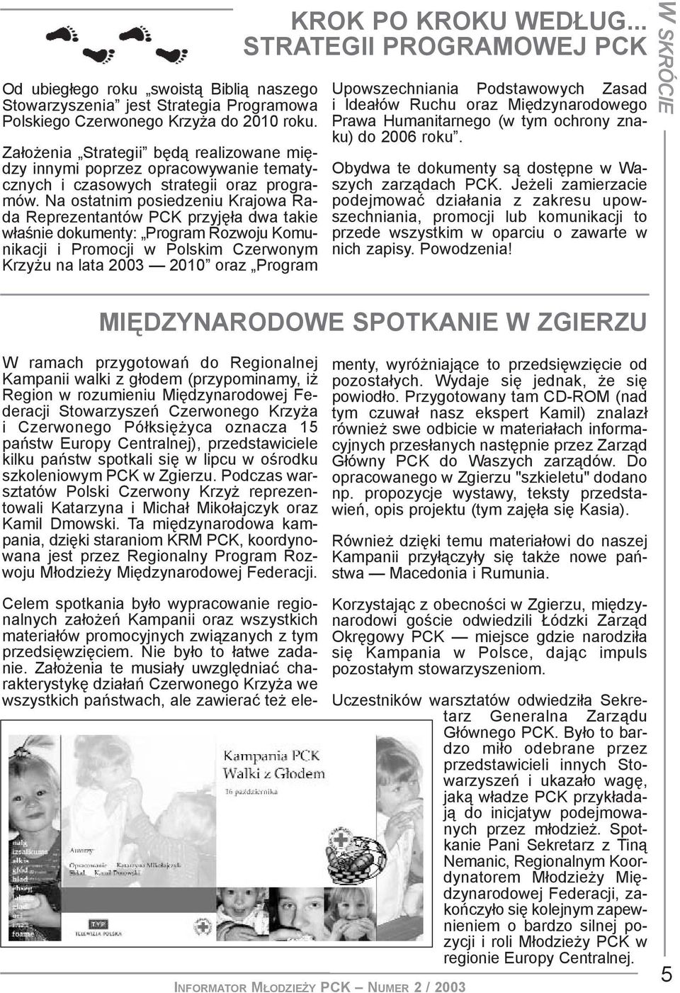 Na ostatnim posiedzeniu Krajowa Rada Reprezentantów PCK przyjê³a dwa takie w³aœnie dokumenty: Program Rozwoju Komunikacji i Promocji w Polskim Czerwonym Krzy u na lata 2003 2010 oraz Program KROK PO