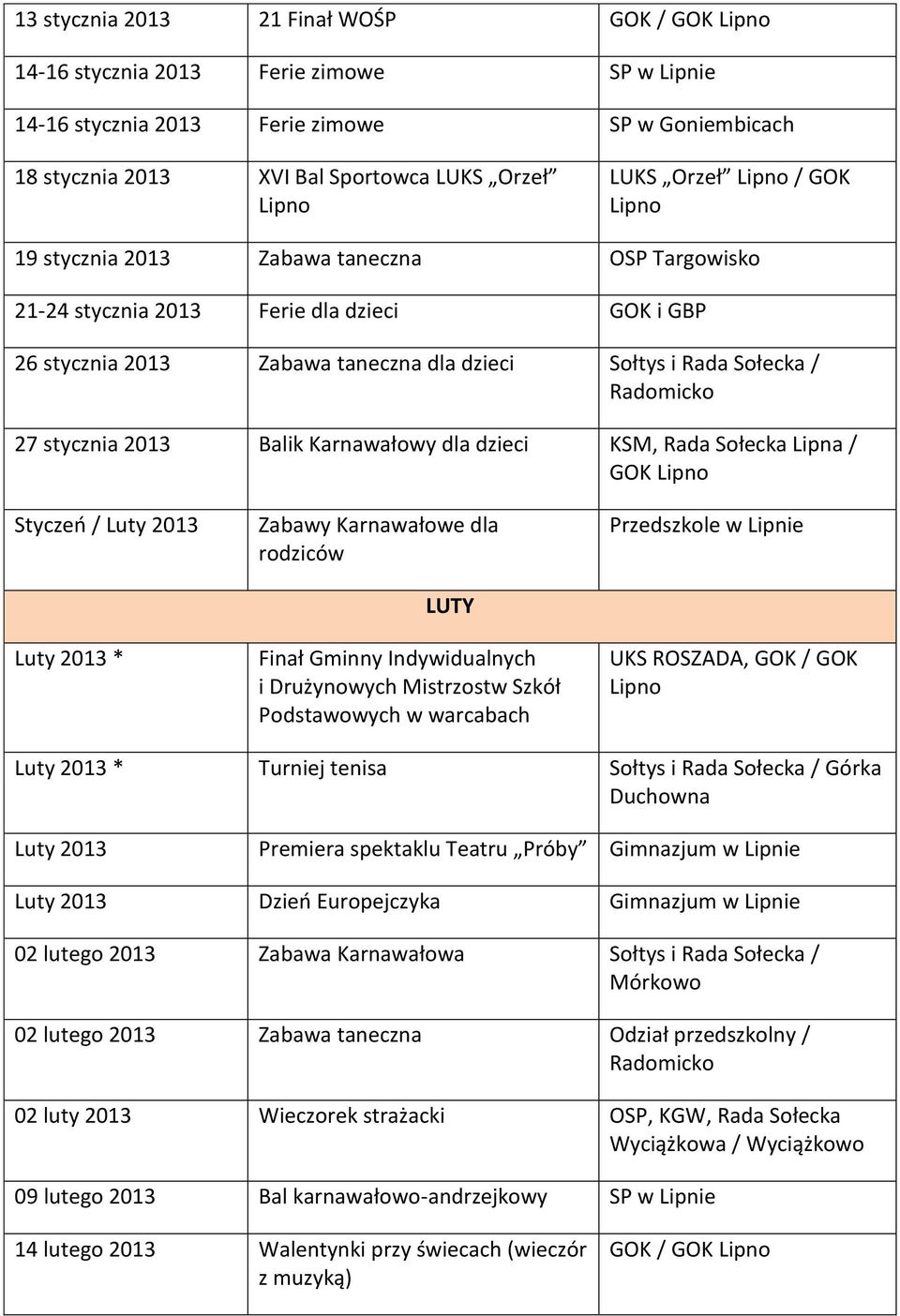 Karnawałowy dla dzieci KSM, Rada Sołecka Lipna / GOK Styczeń / Luty 2013 Luty 2013 * Zabawy Karnawałowe dla rodziców LUTY Finał Gminny Indywidualnych i Drużynowych Mistrzostw Szkół Podstawowych w