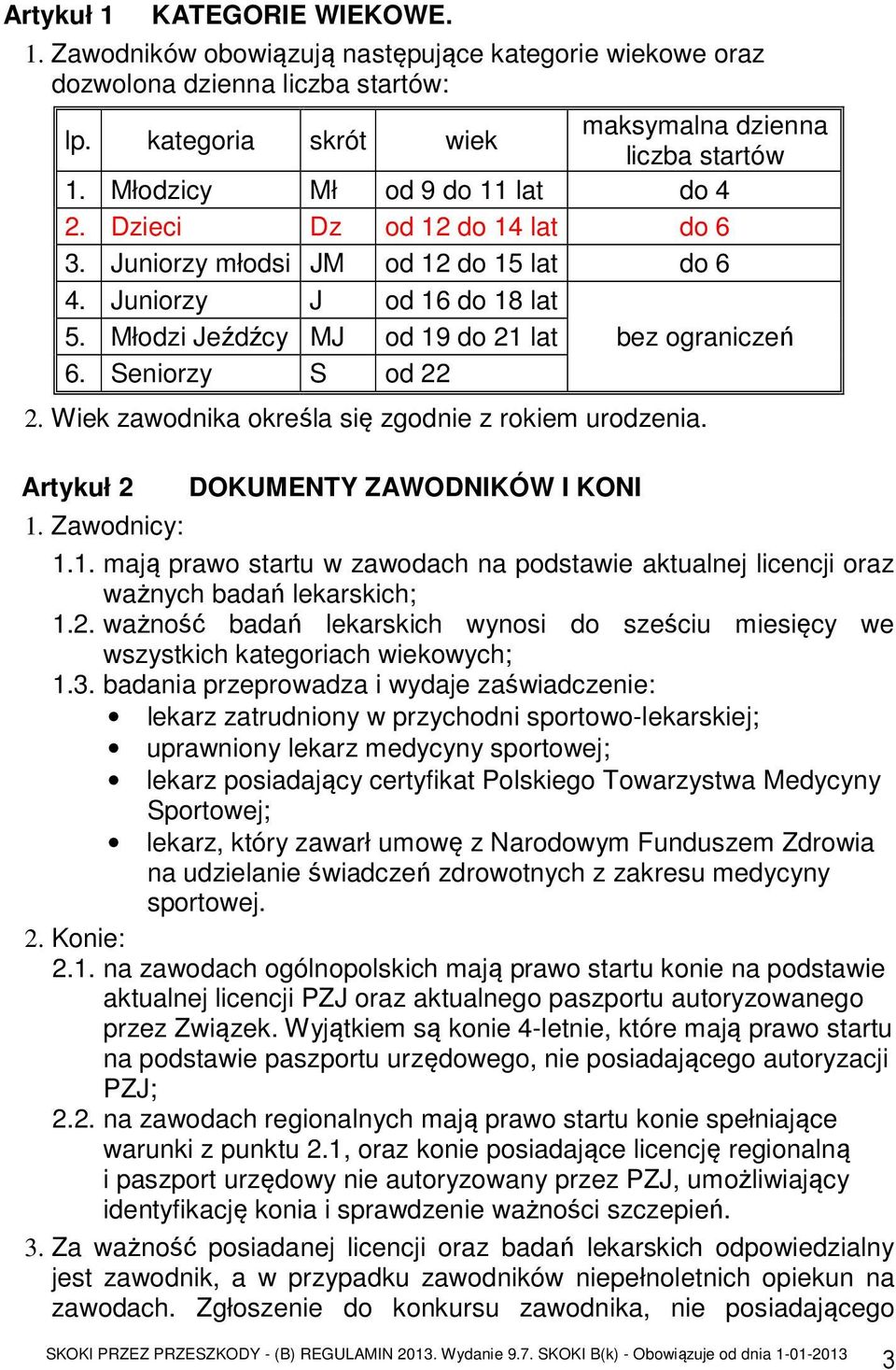 Seniorzy S od 22 2. Wiek zawodnika określa się zgodnie z rokiem urodzenia. Artykuł 2 DOKUMENTY ZAWODNIKÓW I KONI 1.