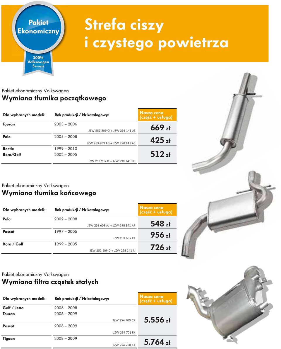 512 XXX zł zł Pakiet ekonomiczny Volkswagen Wymiana tłumika końcowego Dla wybranych modeli: Rok produkcji / Nr katalogowy: (czę ć + usługa) Polo 2002 2008 Passat 1997 2005 Bora / Golf 1999 2005 JZW