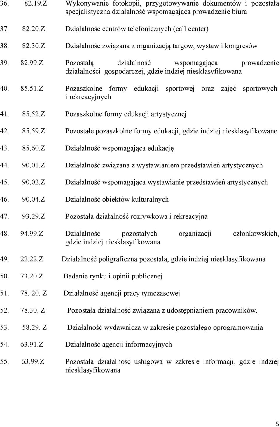 Z Pozaszkolne formy edukacji sportowej oraz zajęć sportowych i rekreacyjnych 41. 85.52.Z Pozaszkolne formy edukacji artystycznej 42. 85.59.