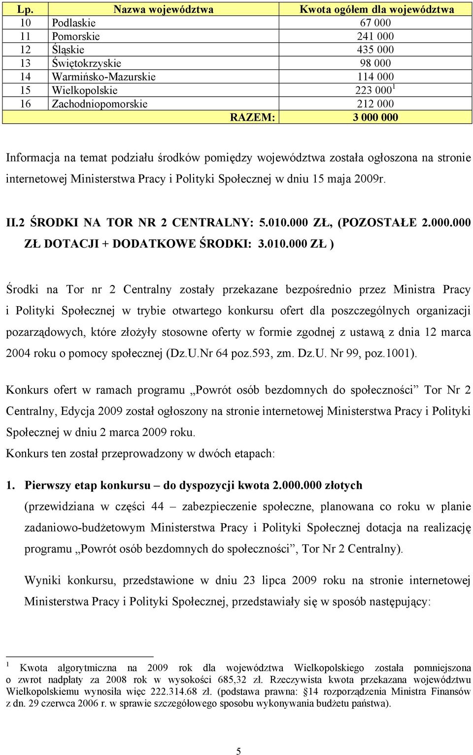2009r. II.2 ŚRODKI NA TOR NR 2 CENTRALNY: 5.010.
